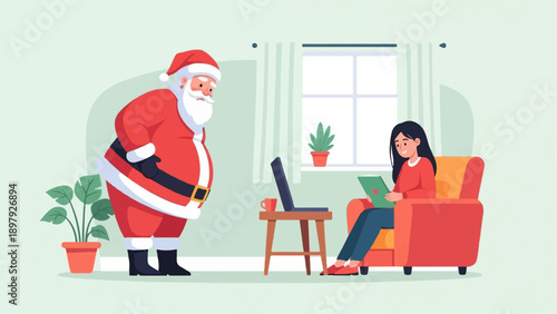 Santa Claus observes a woman using a laptop and tablet