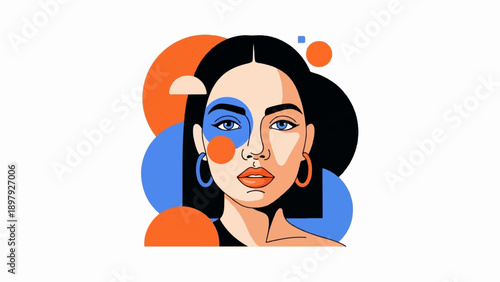 Stylized portrait of a woman with bold geometric shapes in orange and blue