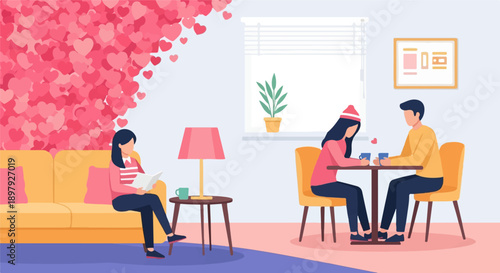 Two couples enjoying a quiet time indoors, with hearts decorating the wall