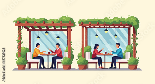 Two couples enjoying beverages under a vine-covered outdoor dining structure