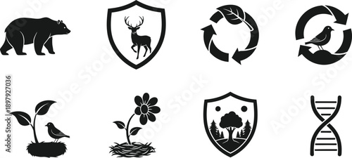 Environmental conservation silhouette icons set