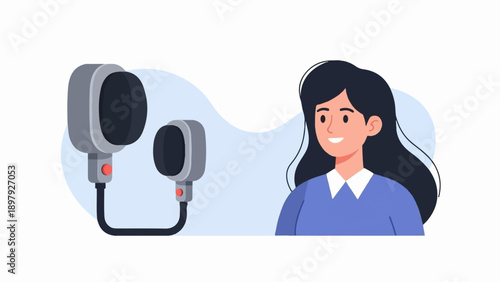 Smiling woman with long dark hair near microphones