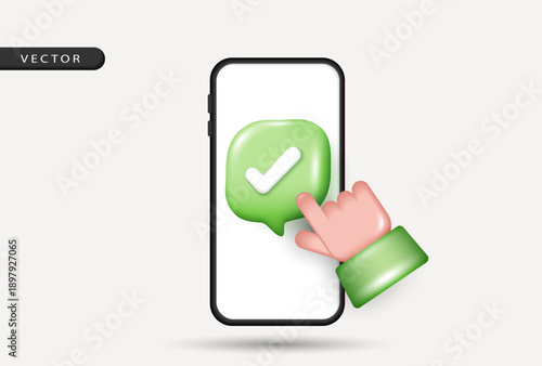 3D smartphone UI with check mark and cross icons, clicking hands and interactive choice bars. Vector illustration for mobile app approval, error, online quiz, voting and decision making concept.
