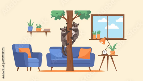 Two cute animals climb a tree in a cozy room with furniture and plants