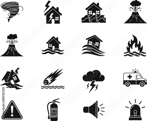 Silhouette icons depicting various natural disasters and emergency response silhouette