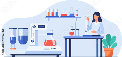 Scientist working in a laboratory with beakers, test tubes, and equipment