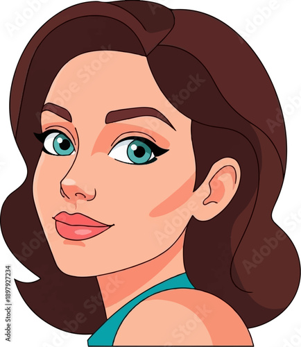 Stylized portrait of a woman with wavy brown hair and bright blue eyes