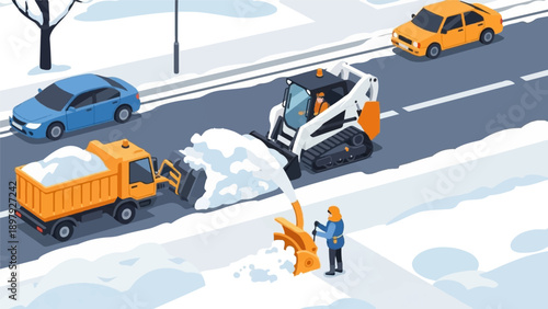 Snow removal operation with vehicles and workers on a street