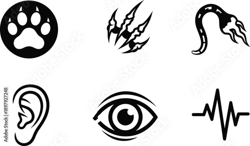 Black silhouette icons of animal and human body parts and symbols