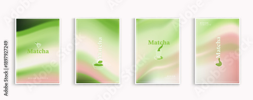 Matcha green tea background templates with soft liquid waves and organic leaf line art. Vector illustration for healthy drink banner, tea ceremony poster, zen wellness and cosmetic packaging design.