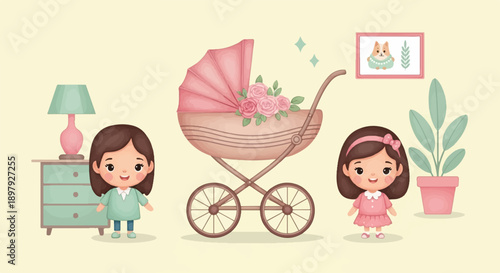 Two cute cartoon girls and a vintage stroller with flowers