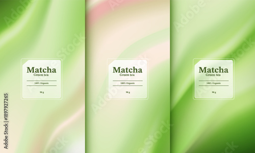 Matcha green tea background templates with soft liquid waves and organic leaf line art. Vector illustration for healthy drink banner, tea ceremony poster, zen wellness and cosmetic packaging design.