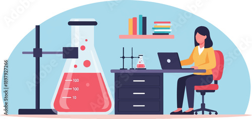 Scientist working on a laptop in a lab with equipment and books