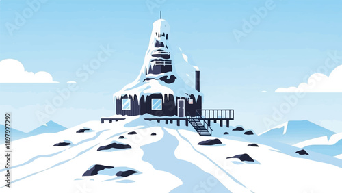 Snow-covered isolated structure on a mountainous, icy terrain under a pale blue sky