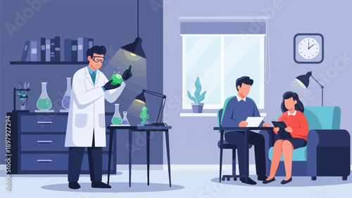 Scientists in lab coats and colleagues working in office space