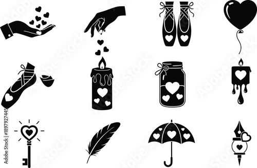 Black silhouette icons of love and relationships in various forms