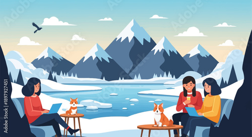Snowy mountain landscape with people and dogs working outdoors