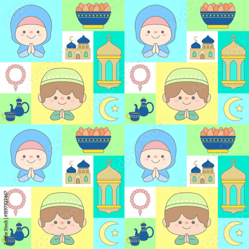 Cute Seamless Ramadan Pattern with Muslim Kids Mosque Lantern and Iftar Elements
