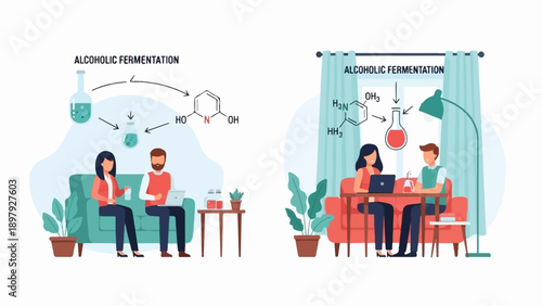 Two diverse scenes illustrate alcoholic fermentation with chemical diagrams