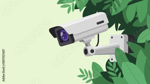 Security camera peeking from behind lush green foliage