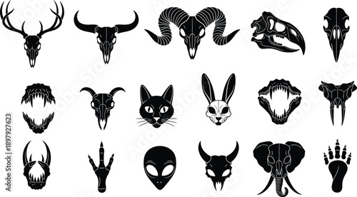 Silhouette of various animal heads and skulls in black