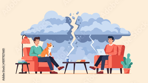 Two men in comfortable chairs, one with a dog, the other on a laptop, under a fractured stormy cloud