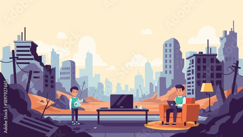 Two men in a ruined city, one plays guitar, the other uses a laptop