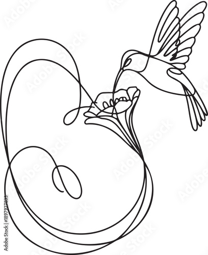 Hummingbird Drinking Nectar From Flower Line Art Keywords: hummingbird, bird, flying, nectar