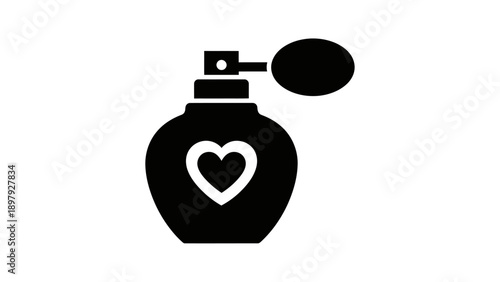 Black perfume bottle with heart design on white background.