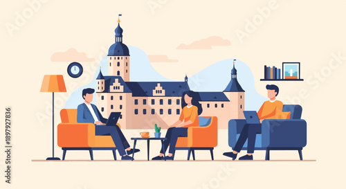 Three individuals are working on laptops in cozy chairs, castle backdrop