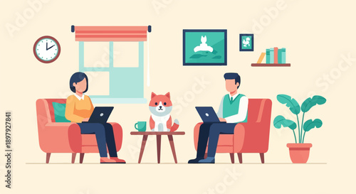 Two people and a dog sit in armchairs with laptops, a clock on the wall