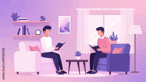 Two men reading books in a cozy living room