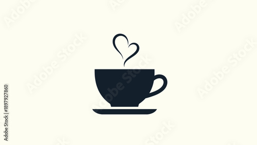 Simple black coffee cup with heart shaped steam on white background.