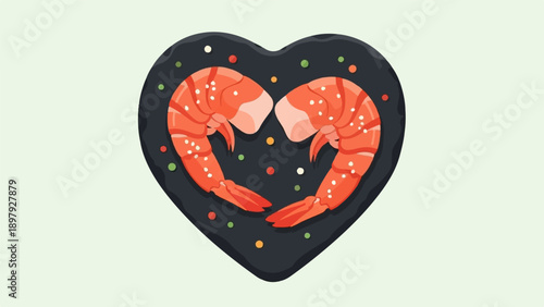 Two heart-shaped shrimp arranged on a dark, heart-shaped platter