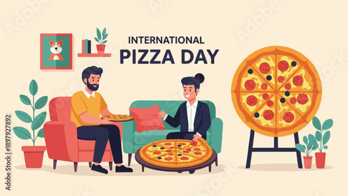 Two men relax and share pizzas in a cozy room for International Pizza Day