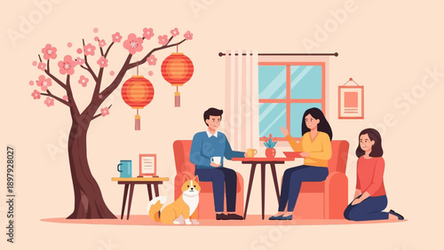 Two people and a child having drinks near a blossoming tree and lanterns