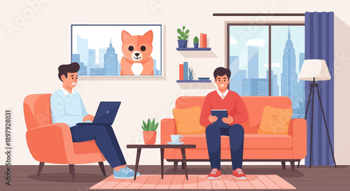 Two men relax in a living room with cityscape view, one on laptop, one on tablet
