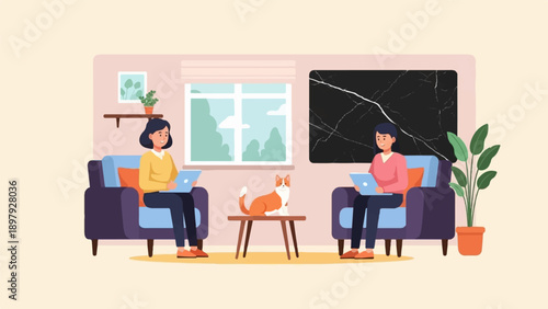 Two people and a cat working remotely from home