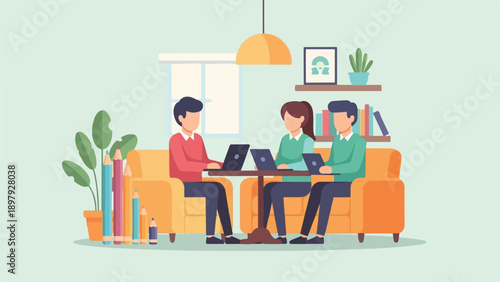 Three individuals sit on a couch, each with a laptop