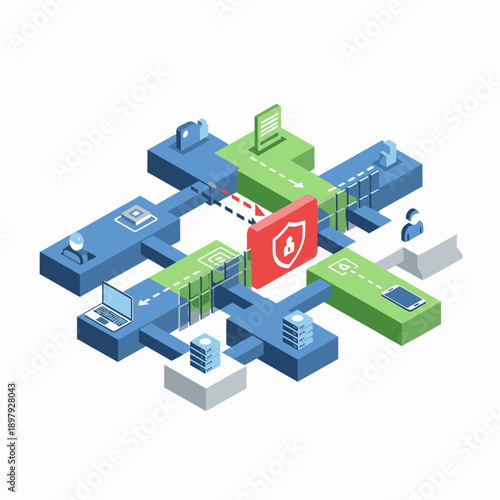 Isometric illustration of a secure network with protected devices and shield icon.