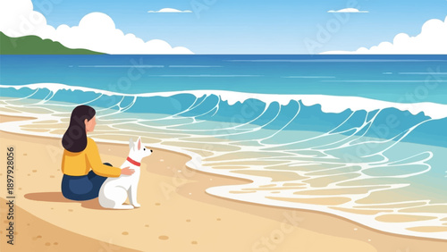 Serene beach scene with a woman and her white dog watching ocean waves