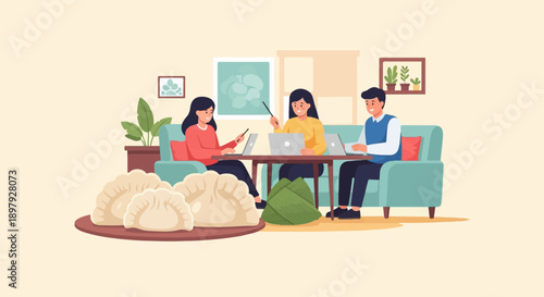 Three people on a couch working on laptops, with food and plants