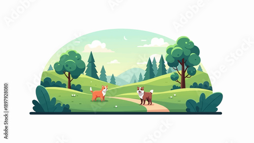 Two dogs play on a path in a park with rolling hills and trees
