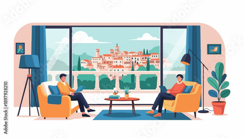 Two men relax in armchairs, reading laptops, overlooking a scenic town