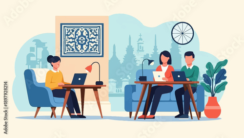 Three individuals work remotely from comfortable seating areas in a bright, modern space