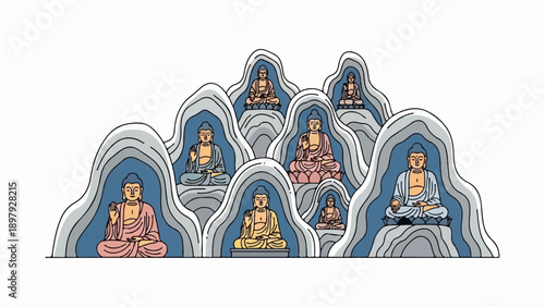 Serene Buddha statues nestled within carved mountain alcoves