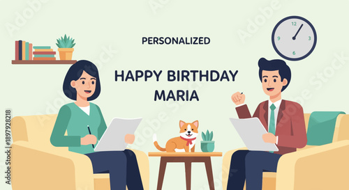 Two people and a dog celebrate a birthday with a clock and books