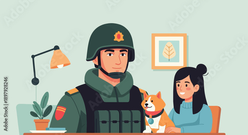 Soldier, woman, and dog in a room