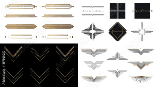 Geometric frames arrows and decorative emblems in gold and black style. Modern elegant design elements ideal for branding logos invitations certificates and graphic layouts.