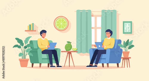 Two men relax in armchairs with laptops and houseplants around them